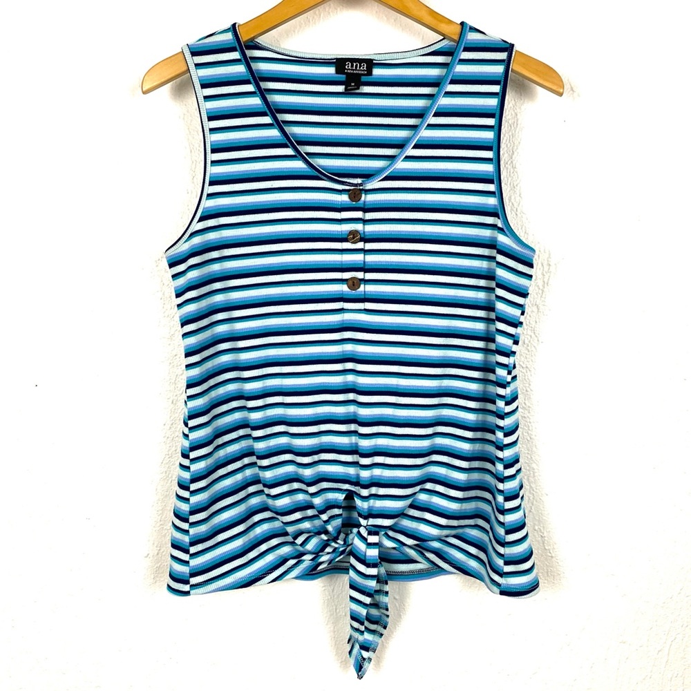 A.n.a Blue Striped Tie Front Henley Women’s Casual Sleeveless Tank Top, Medium